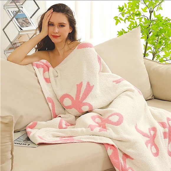 Pink Bow Plush Blanket throw - Picture 1 of 5